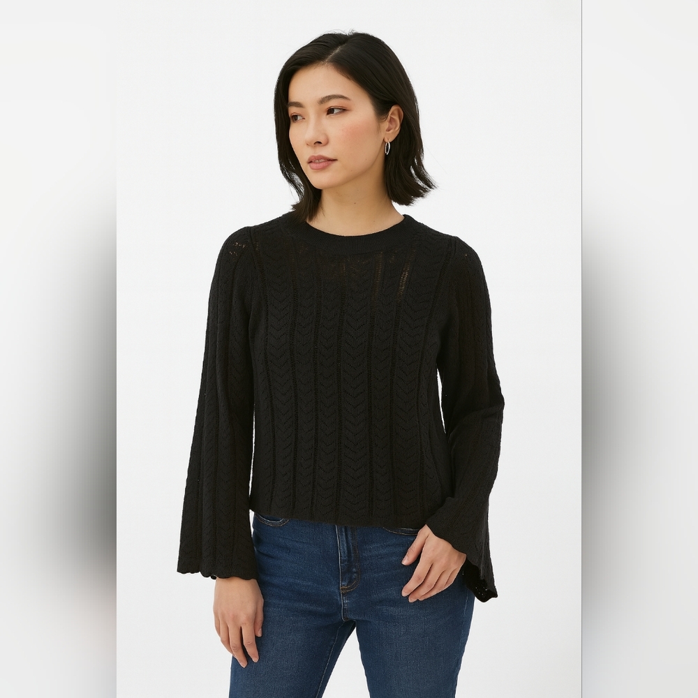Adrianna Papell Black Knit Sweater Bell Sleeve Chevron Crochet Top Women’s Small